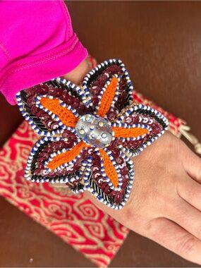 Maliparmi Beaded Floral Statement Bracelet in Orange and Burgundy